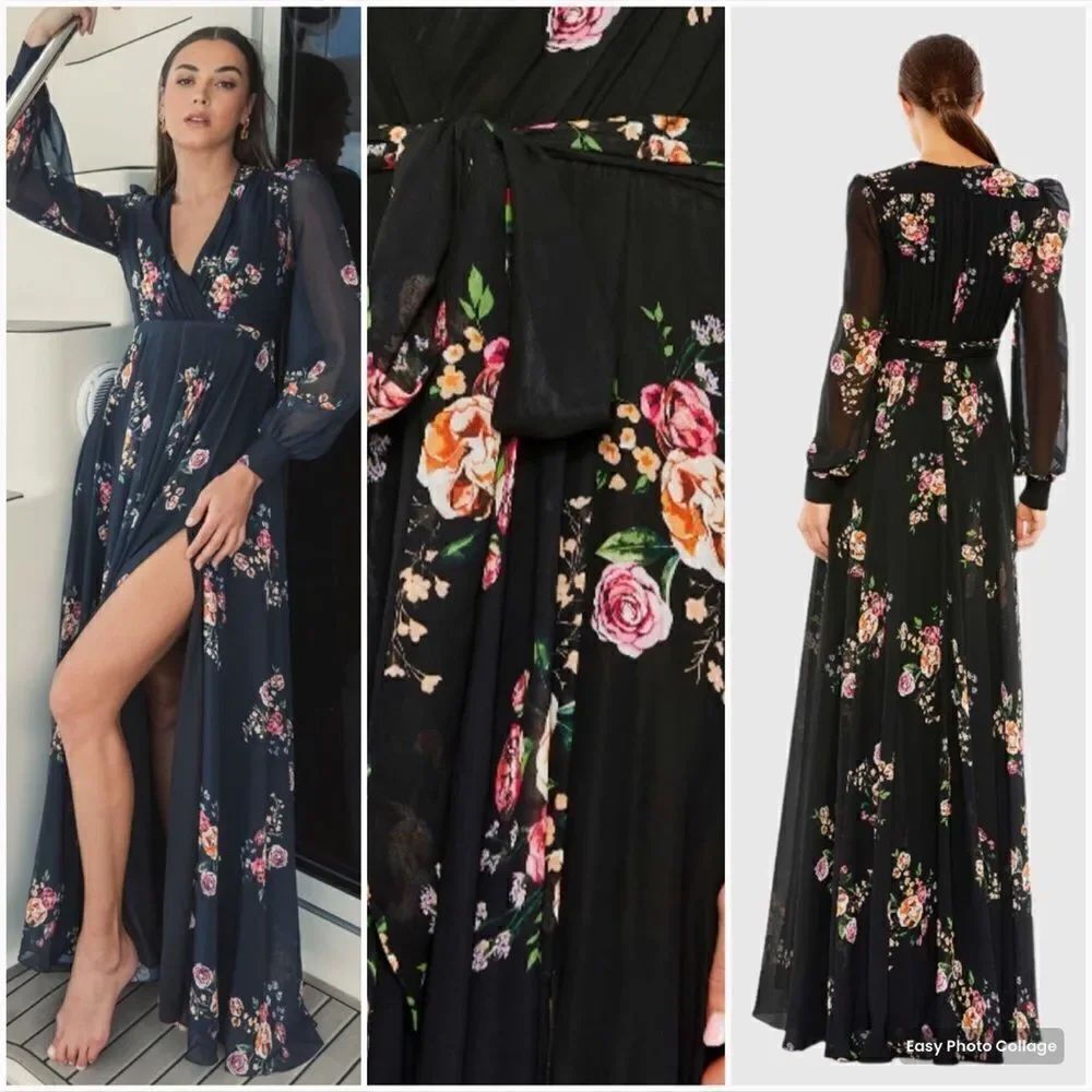 Mac Duggal 55661 Belted Floral Print Illusion Long Sleeve Maxi Gown Dress